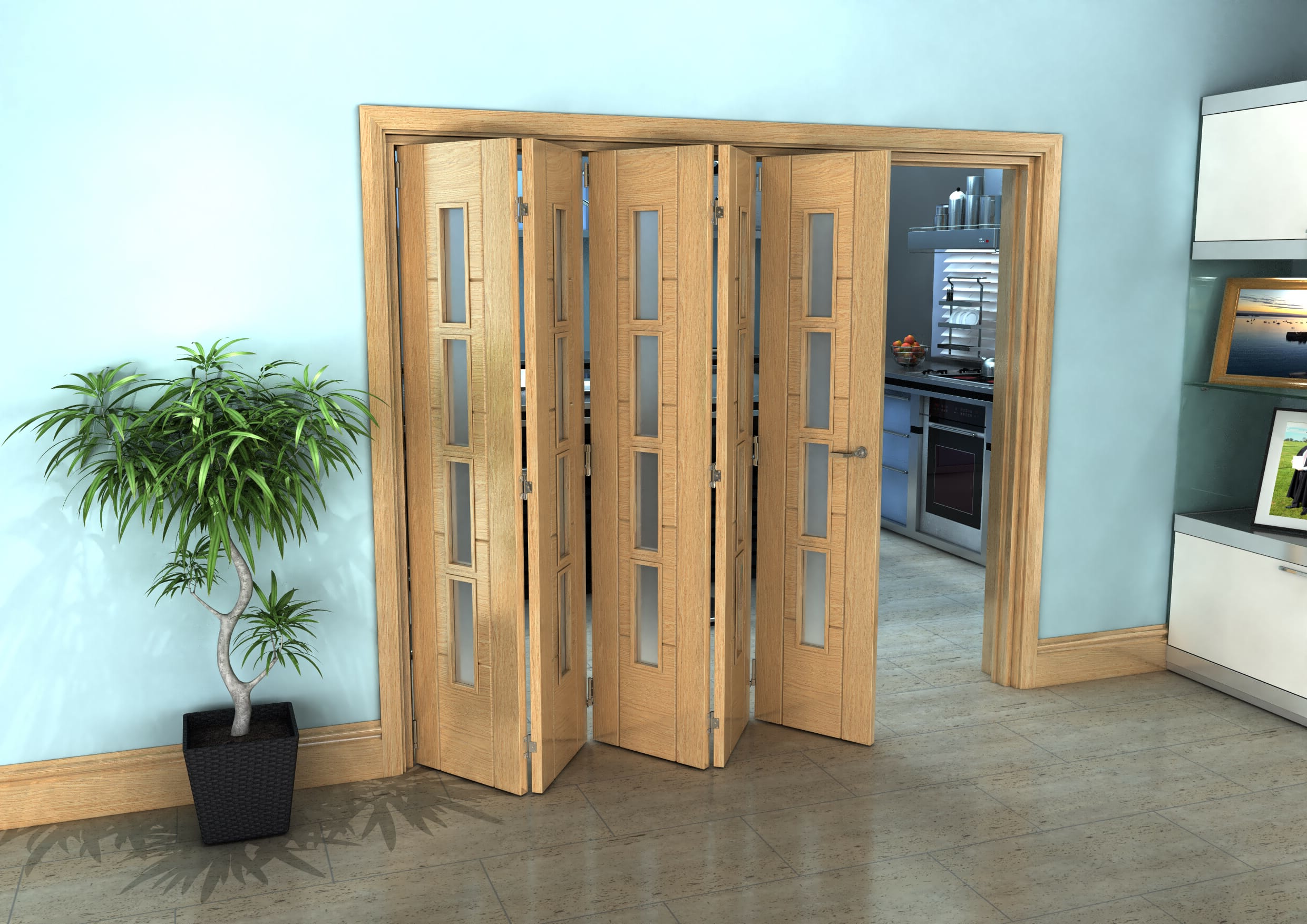 Iseo Oak 4 Light Frosted 5 Door Roomfold Grande 5 0 X 457mm Doors