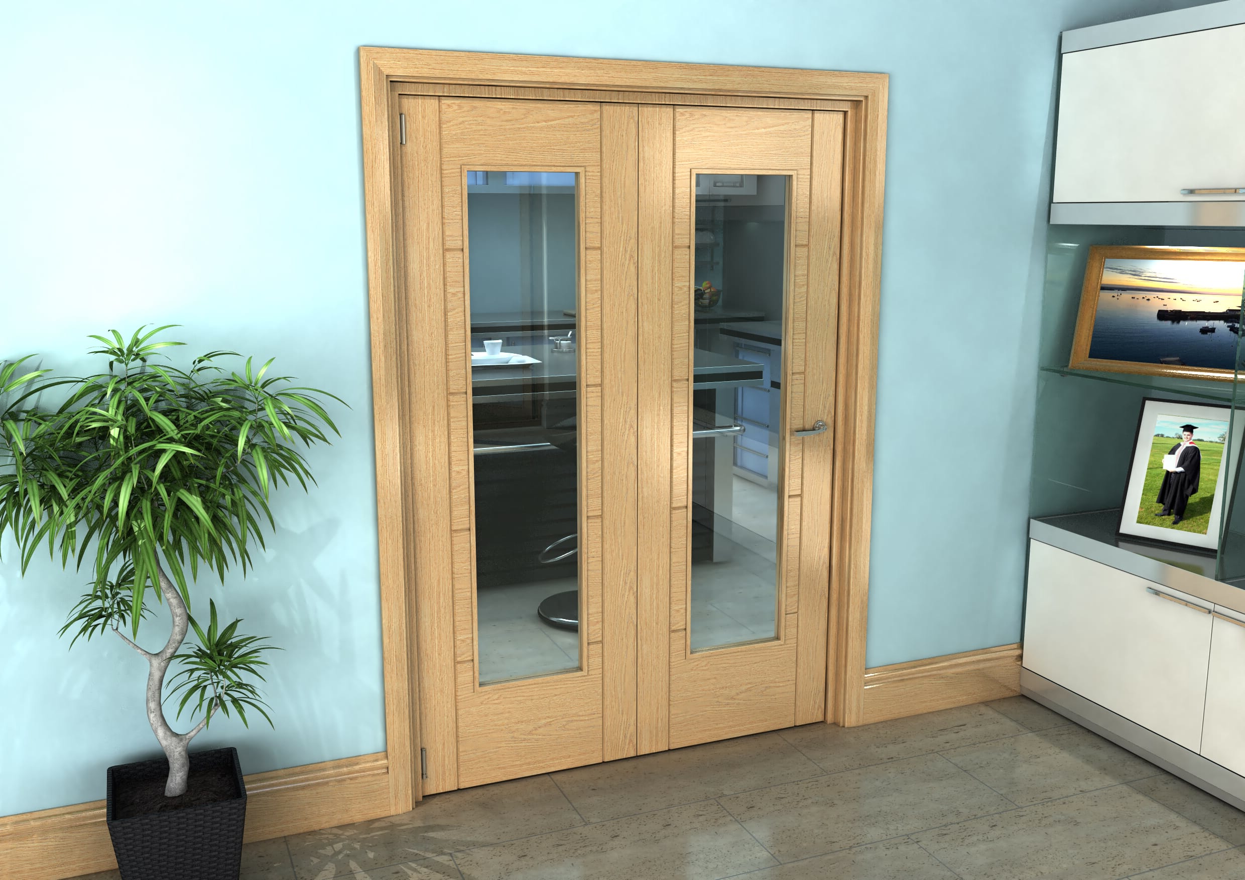 Oak Iseo Roomfold Grande Pattern Clear Prefinished Bifold Doors At