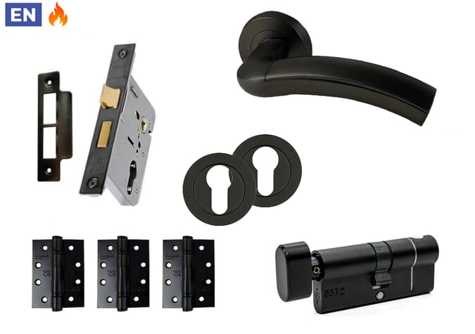 Kedleston Matt Black Fire Door Handle Pack