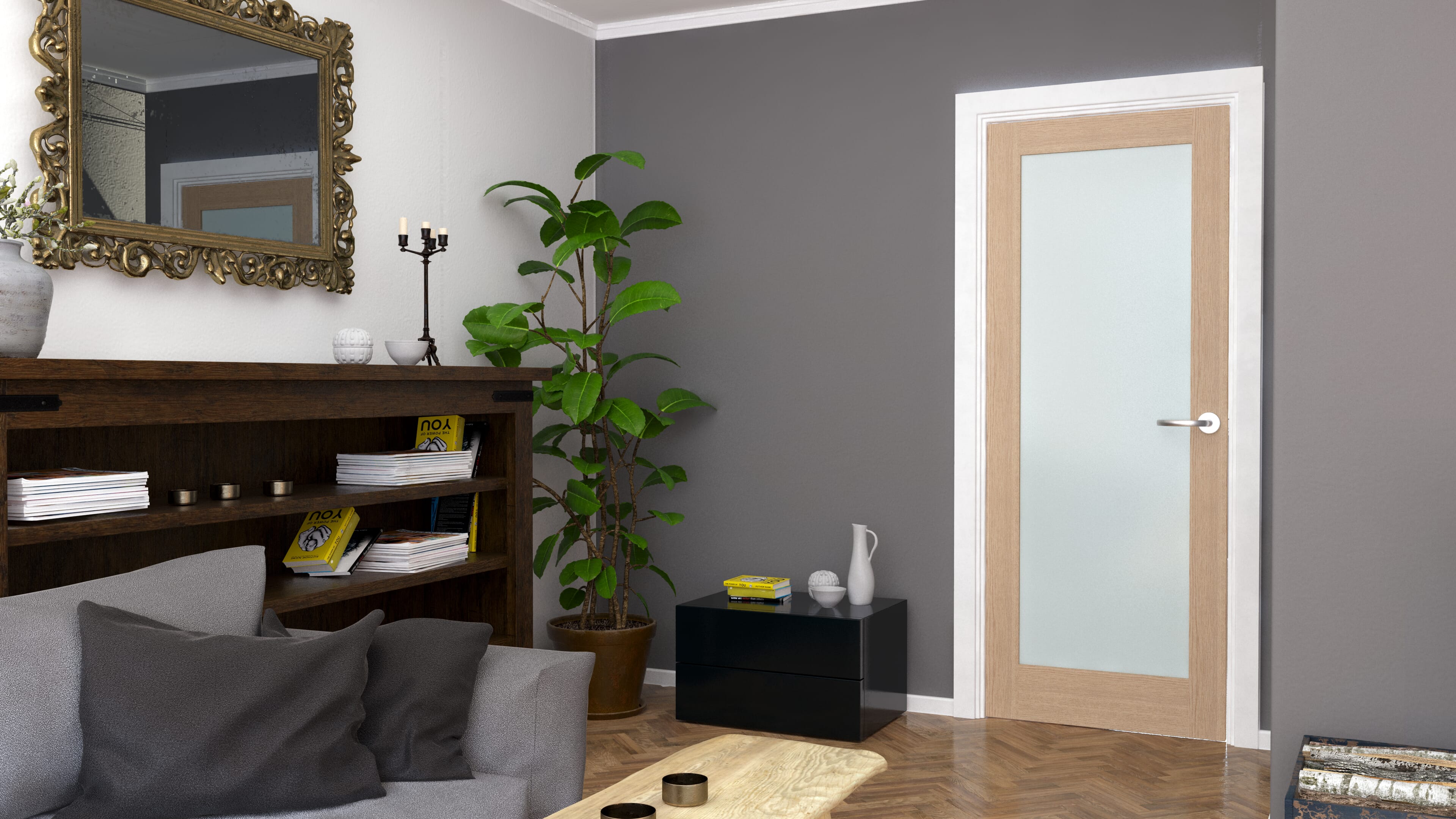 Shaker 1 Light Frosted Glazed Oak - Prefinished Internal Door Set