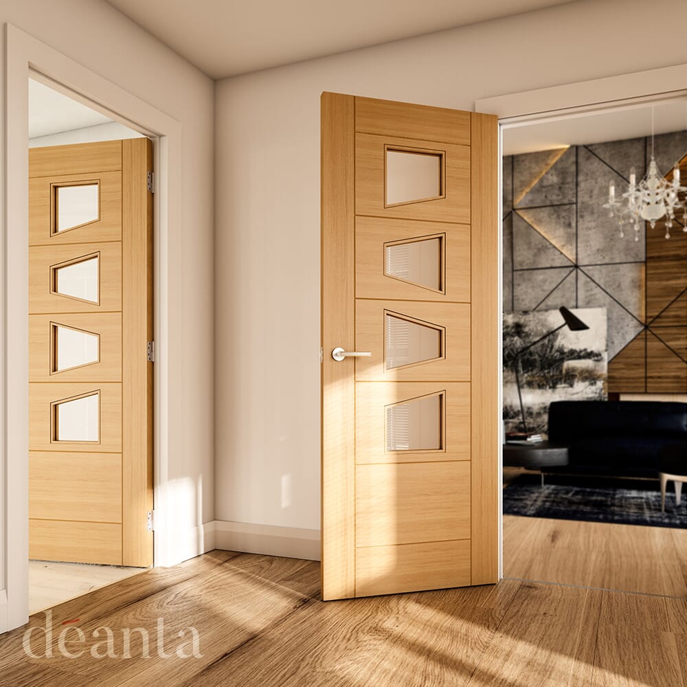Seville Oak 4L Slanted Glazed Prefinished Internal Door Set