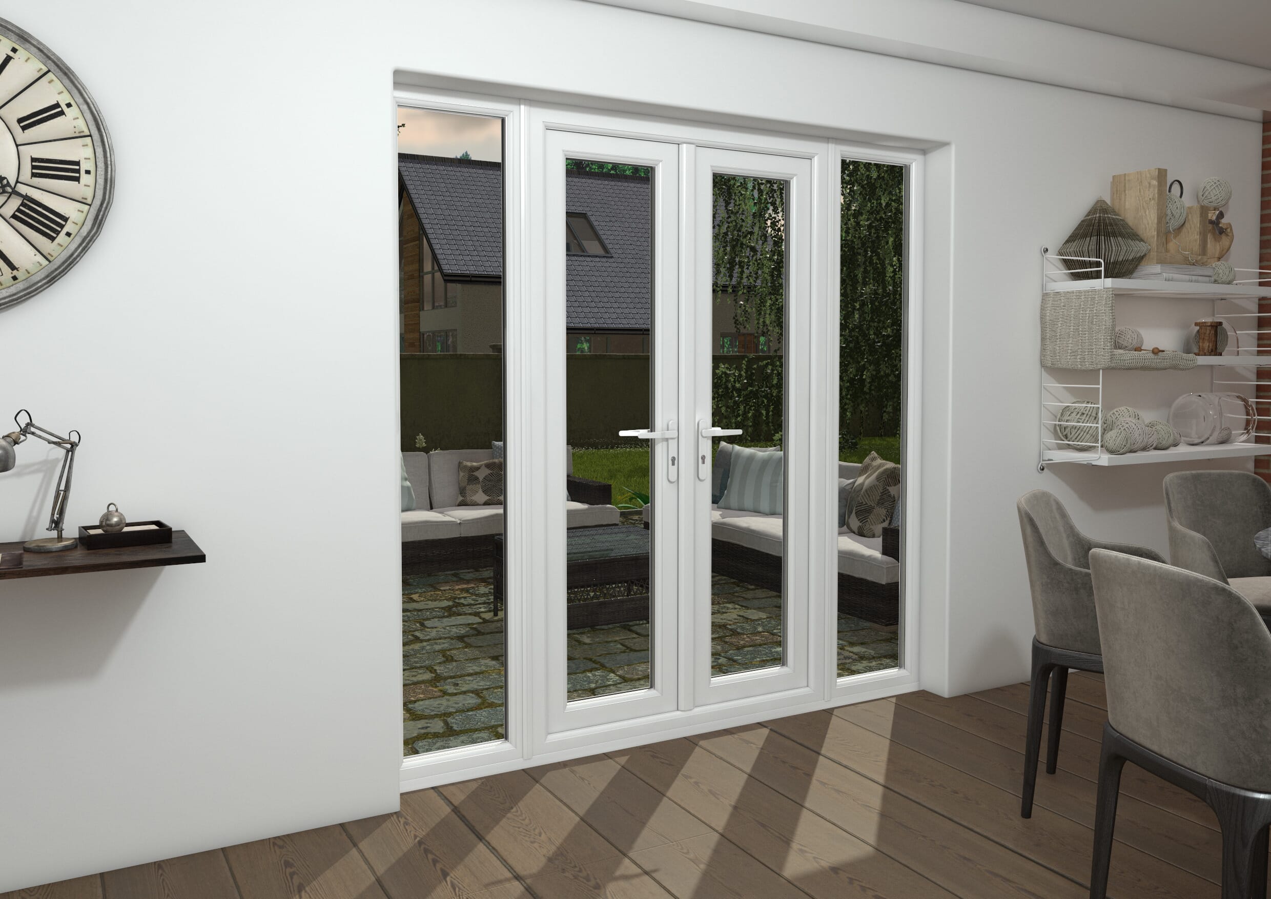 2100mm Part Q UPVC Grey Outer / White inner French Doors (1500mm Doors + 2 x 300mm Sidelights)