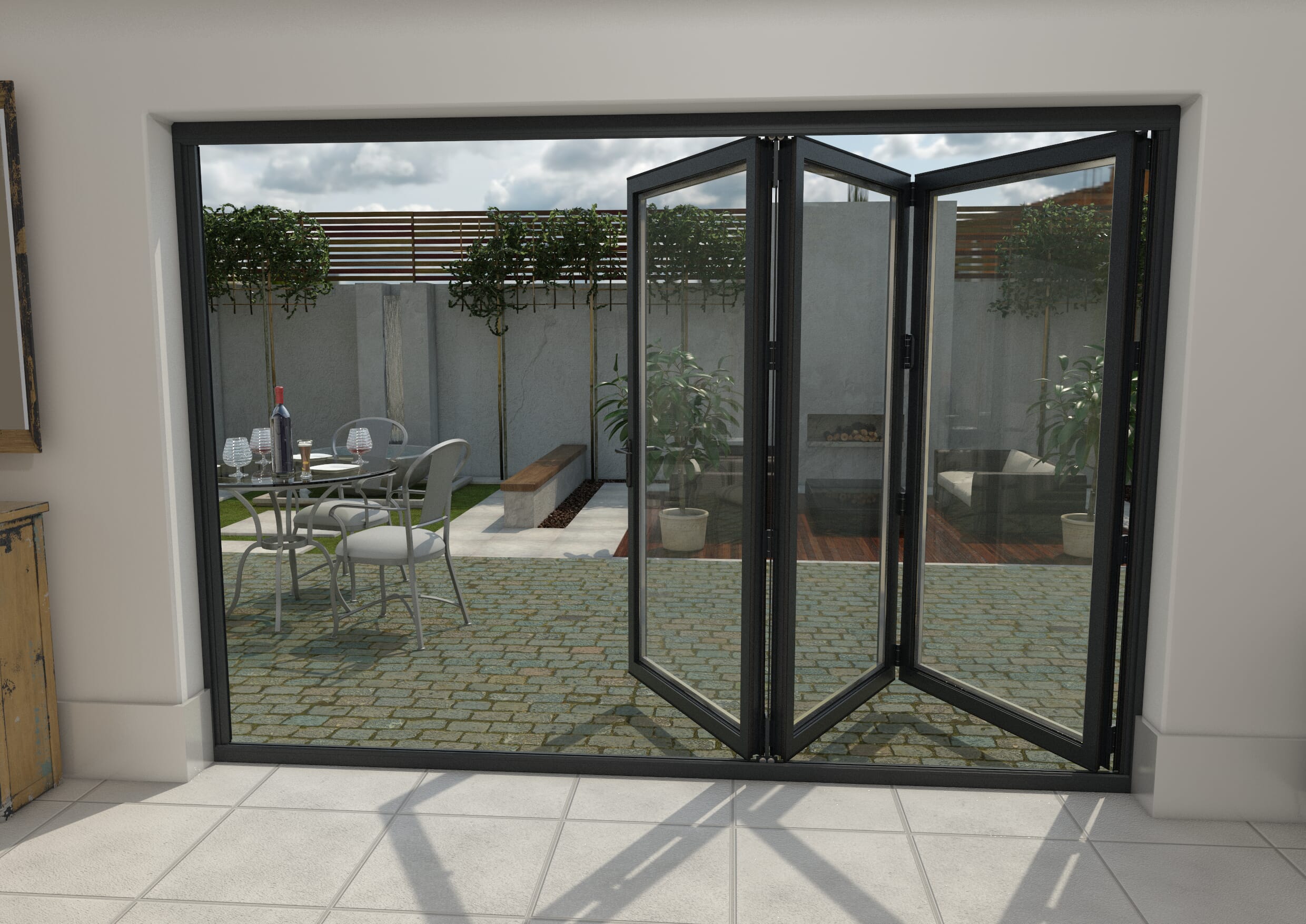 3000mm Grey Aluminium Bifold Doors - 3 Left Bifold Doors At Climadoor