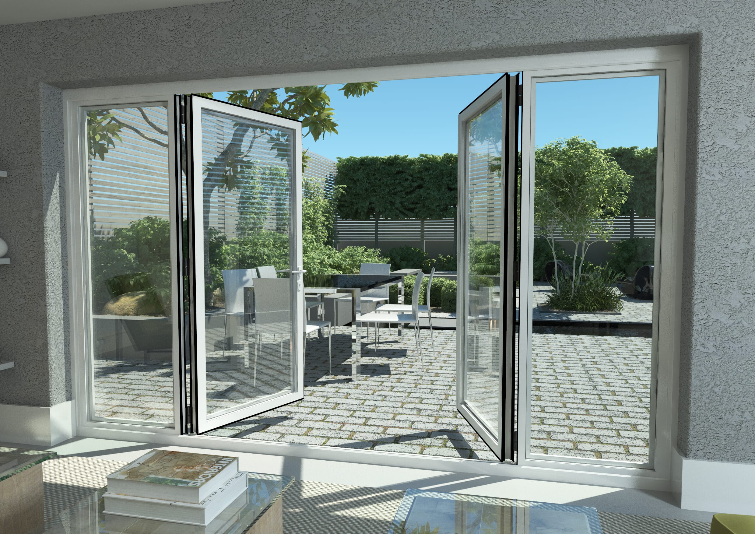 3000mm Open Out White Aluminium French Doors (1800mm Doors + 2 x 600mm Sidelights)