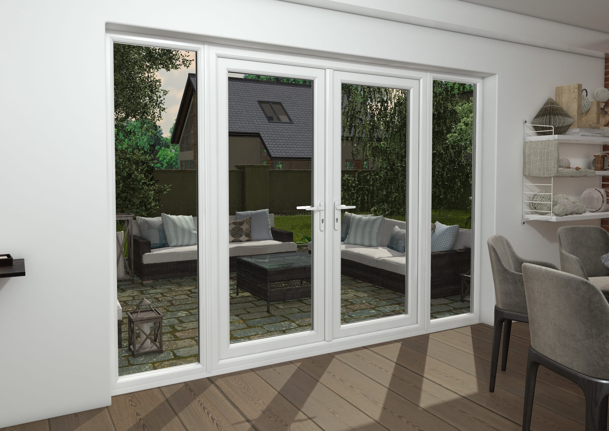 3000mm Part Q White UPVC French Doors (1800mm Doors + 2 x 600mm Sidelights)