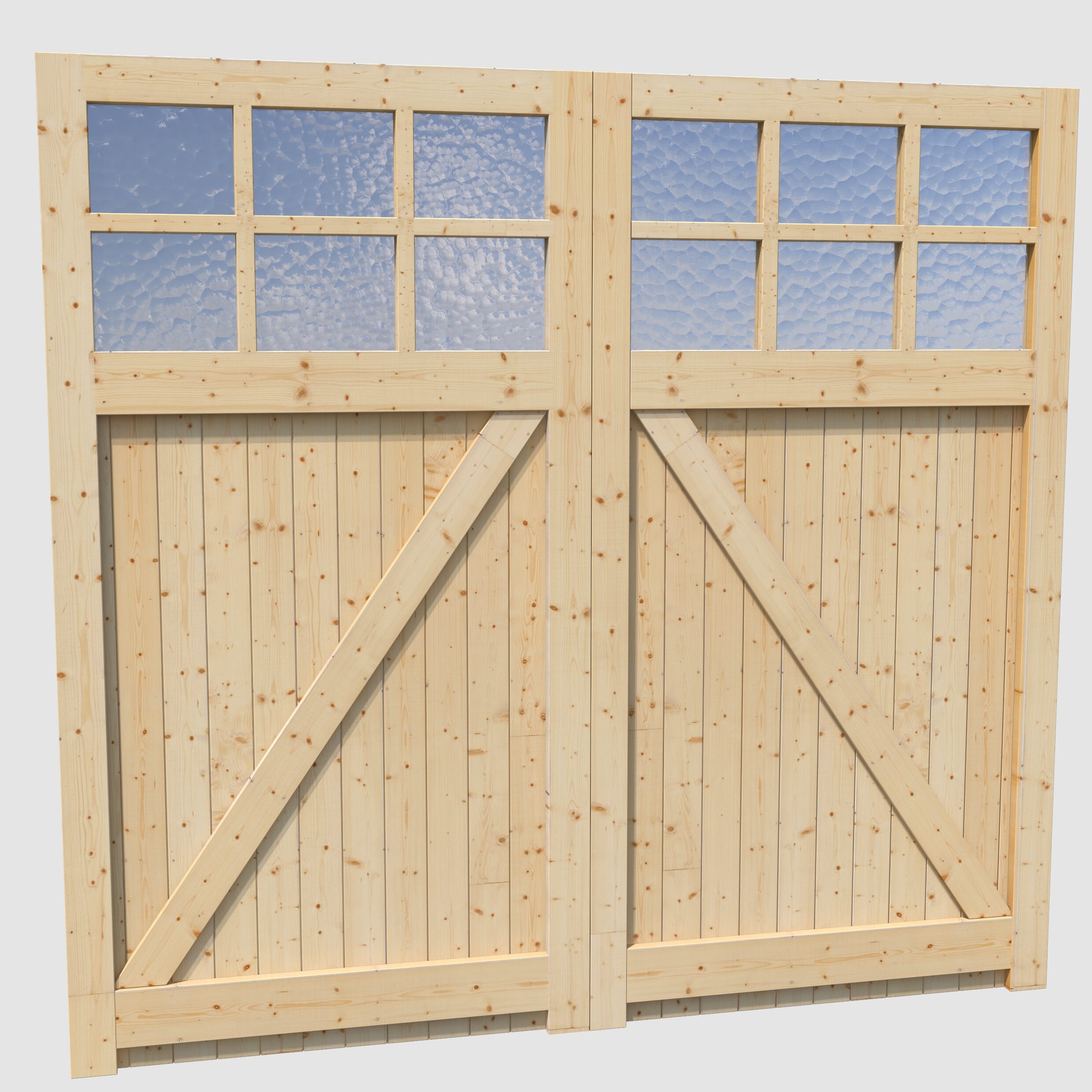 2135x2135x44mm (HxWxD) Framed, Ledged and Braced Solid Pine Garage Door Pair with Flemish Glass