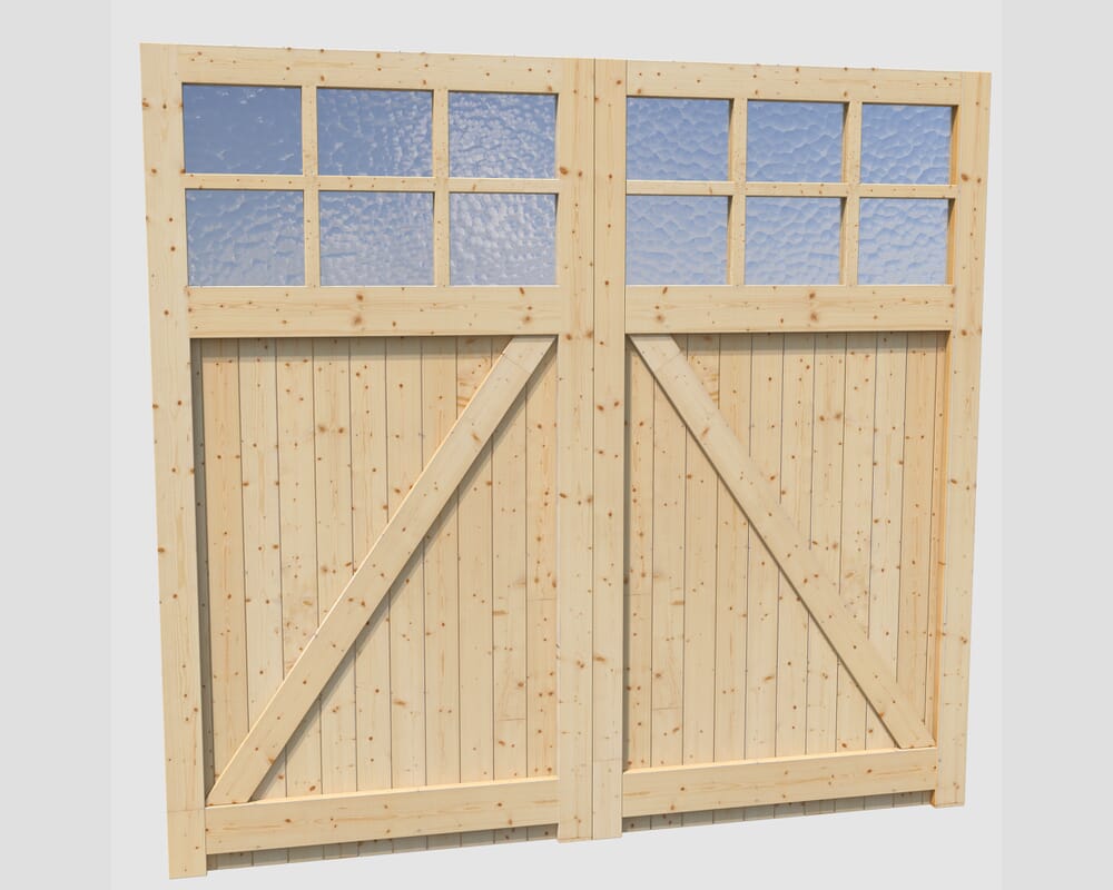 2135x2135x44mm (HxWxD) Framed, Ledged and Braced Solid Pine Garage Door Pair with Flemish Glass