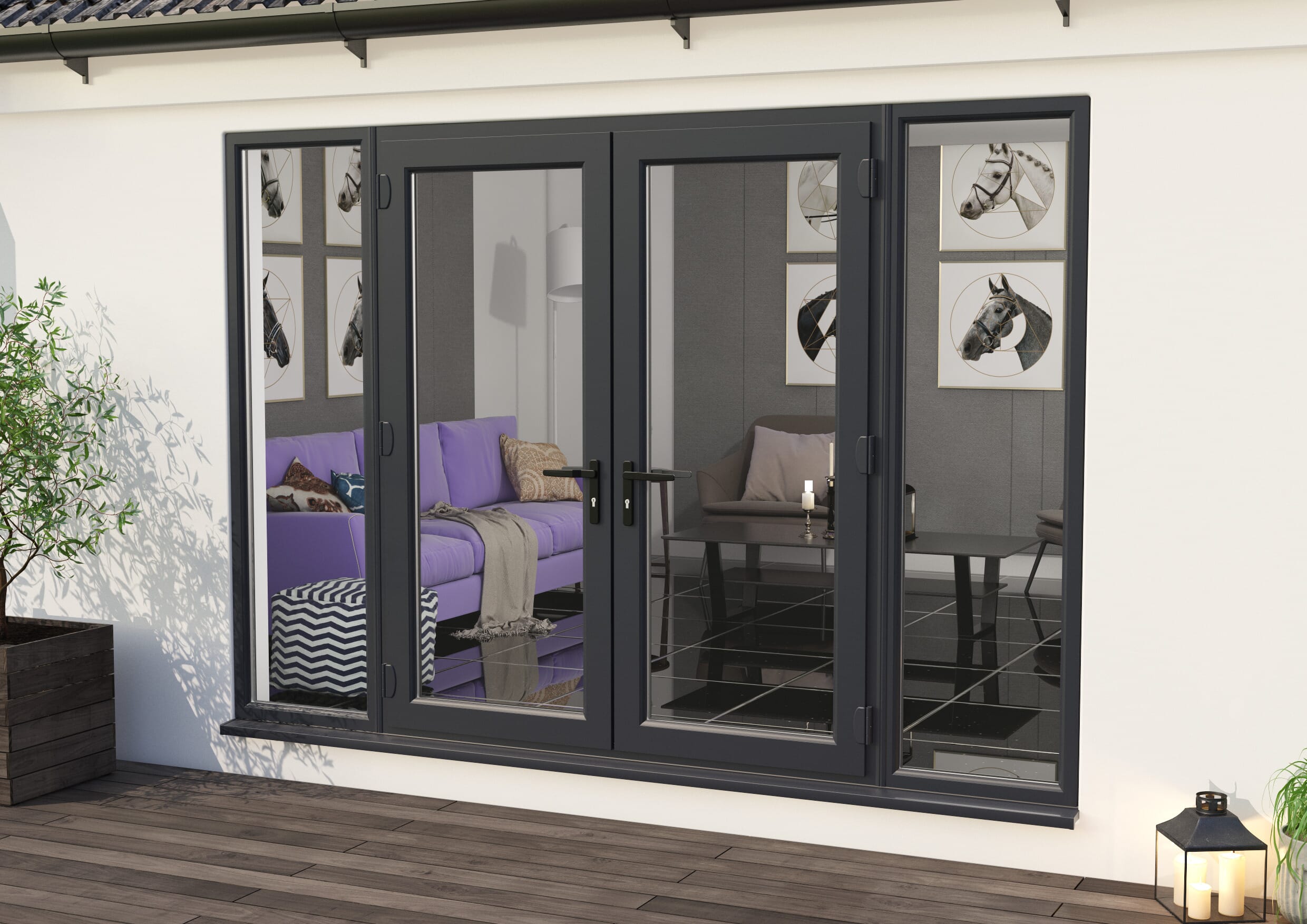 3000mm Part Q UPVC Grey Outer / White inner French Doors (1800mm Doors + 2 x 600mm Sidelights)