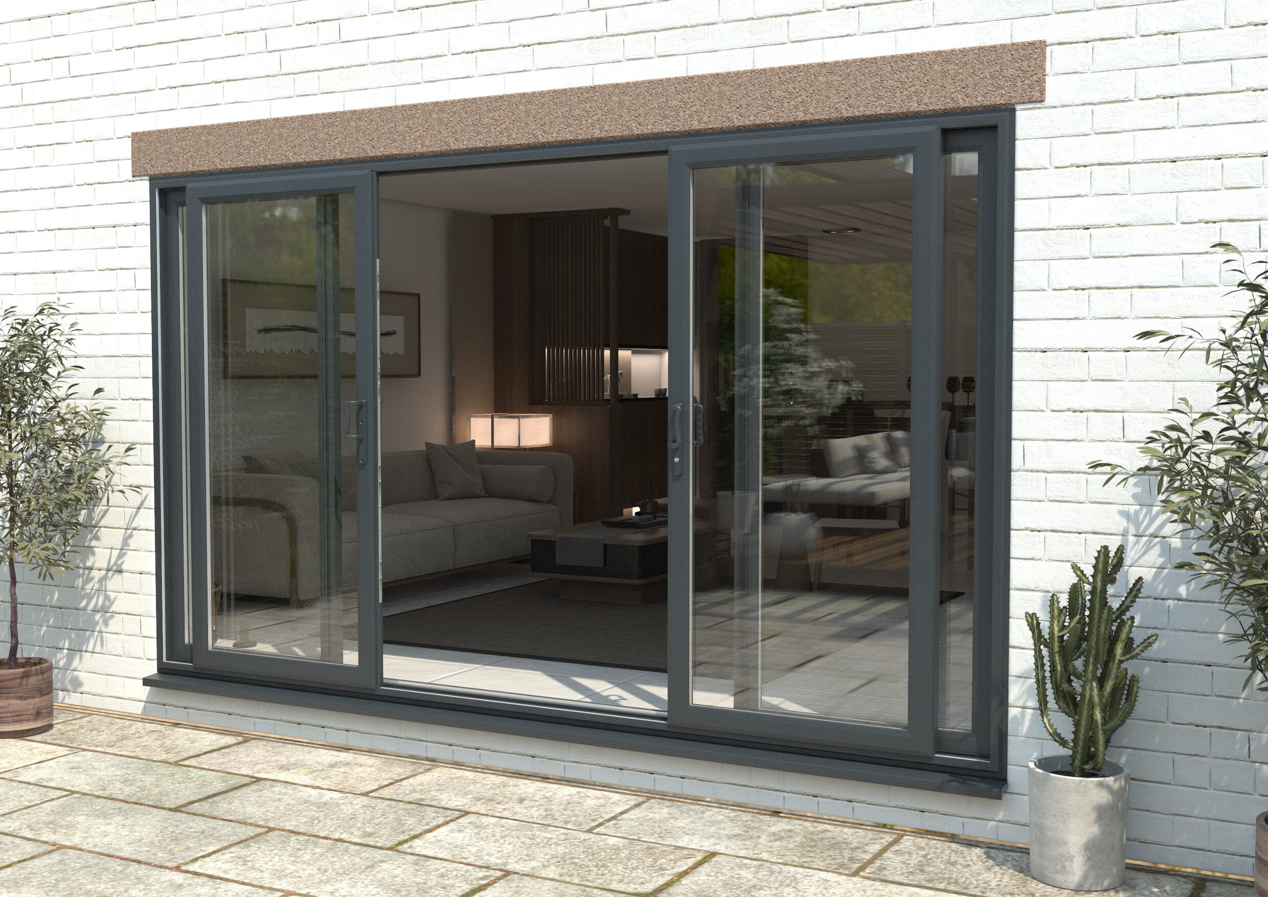 3600mm UPVC Anthracite Grey Sliding Doors Fixed / Sliding / Sliding / Fixed