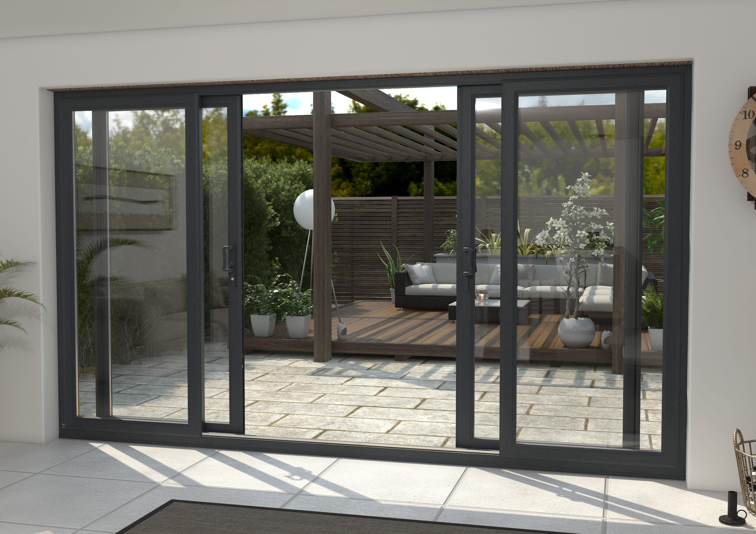 3600mm UPVC Anthracite Grey Sliding Doors Fixed / Sliding / Sliding / Fixed