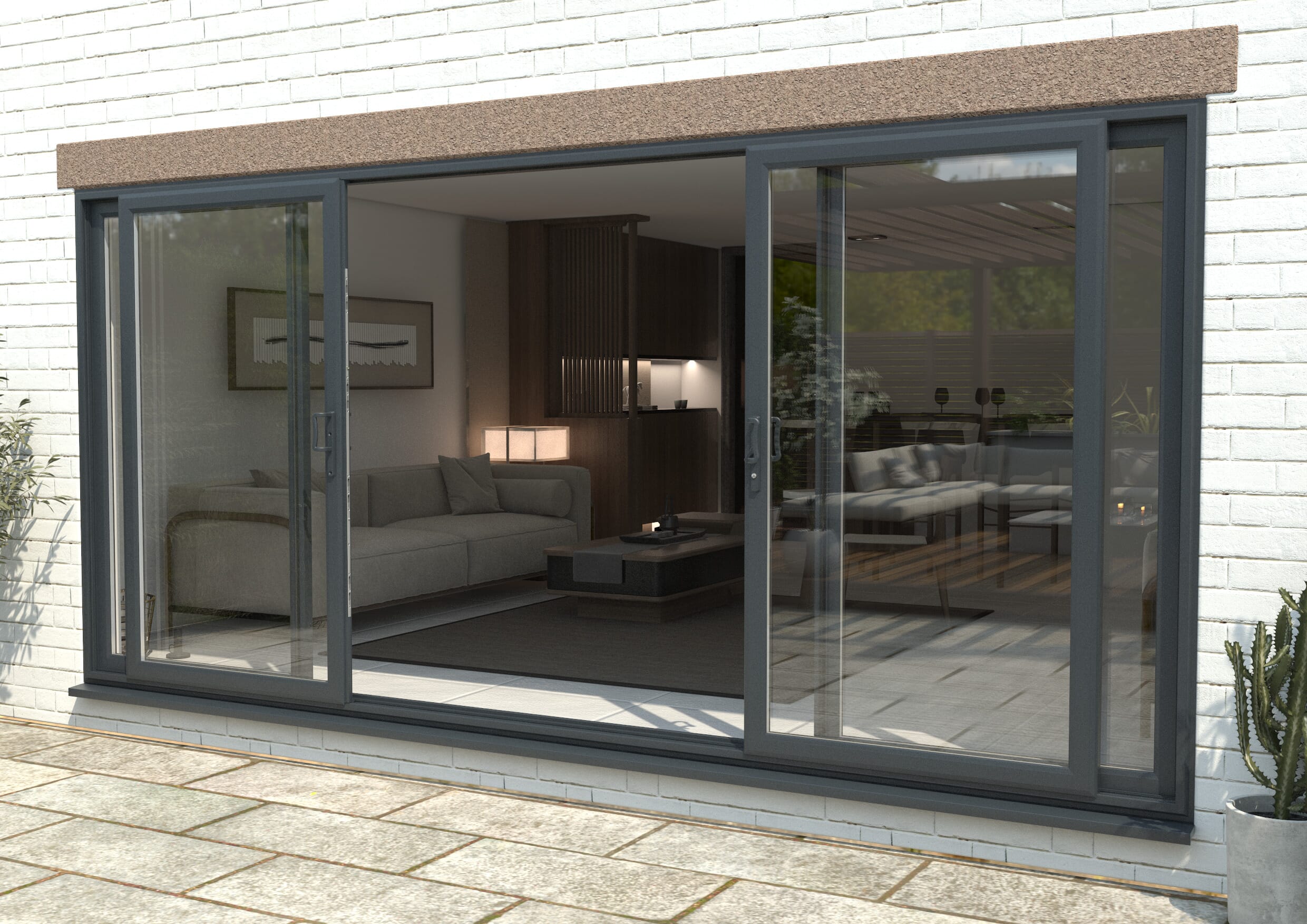 4500mm UPVC Anthracite Grey Sliding Doors Fixed / Sliding / Sliding / Fixed