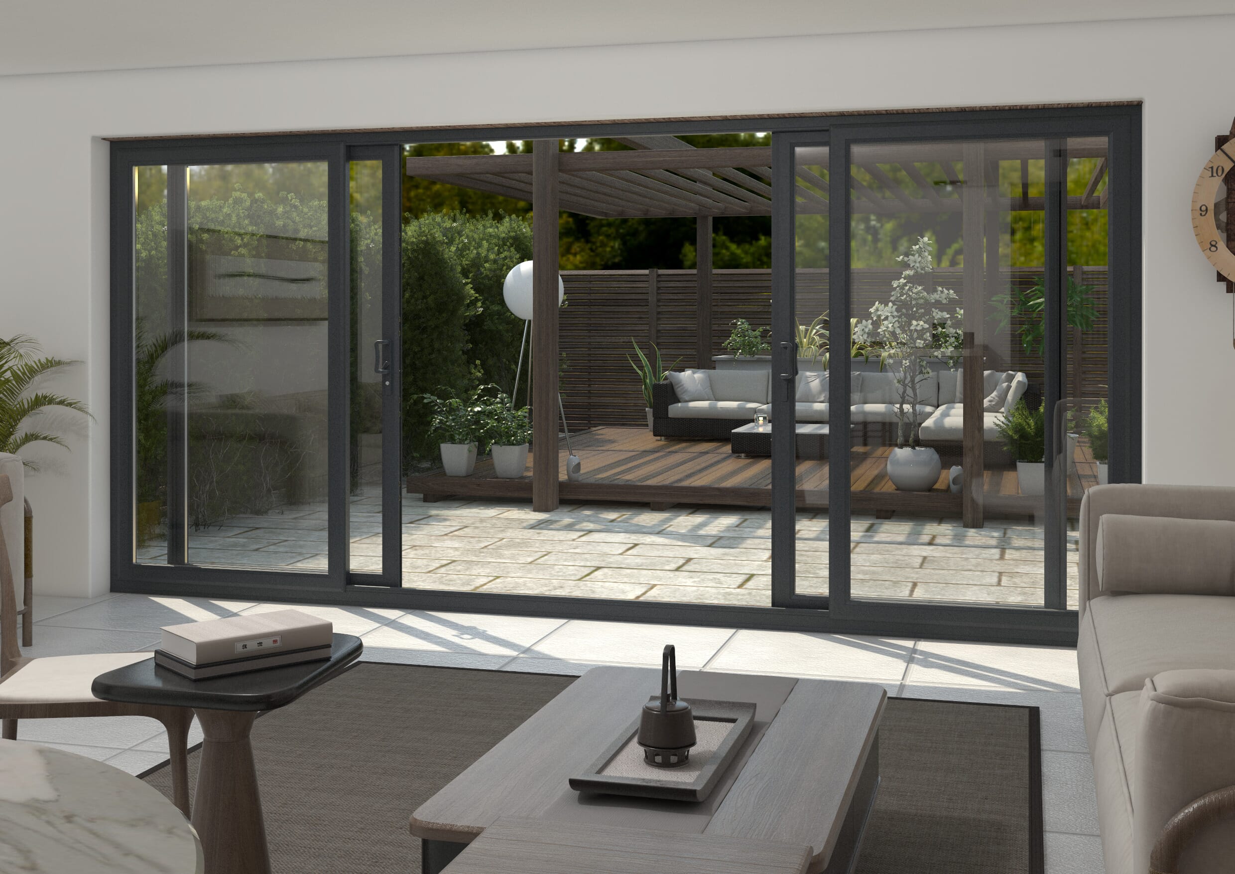 4500mm UPVC Anthracite Grey Sliding Doors Fixed / Sliding / Sliding / Fixed