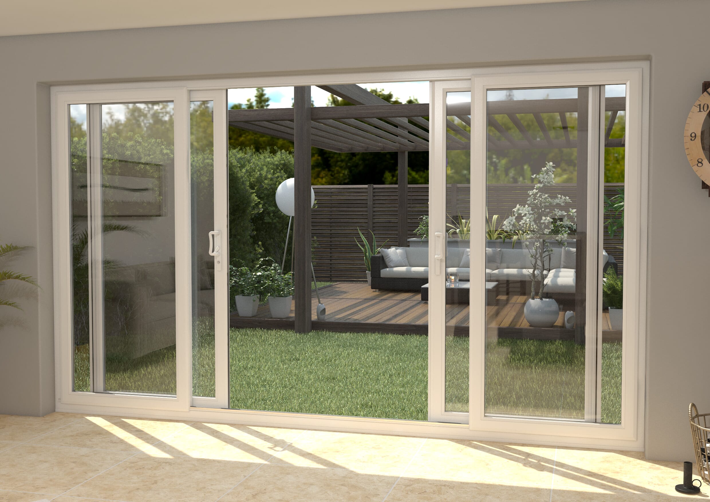 3600mm UPVC White Sliding Doors Fixed / Sliding / Sliding / Fixed