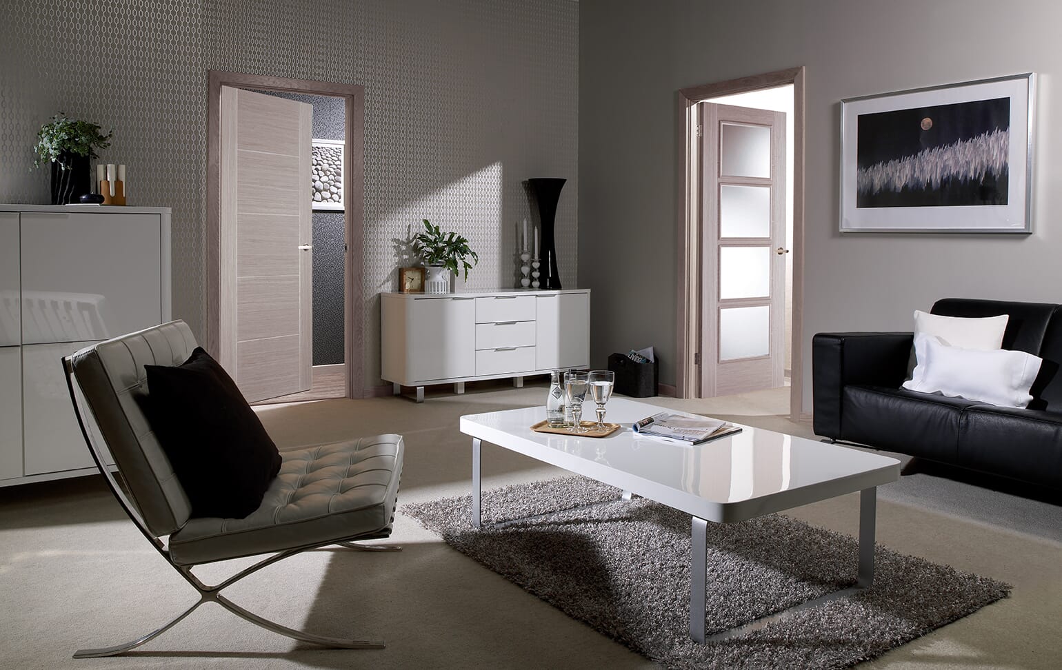 762x1981x44mm (30") Vancouver Light Grey 4 Light - Clear Glass Pre-Finished Fire Door