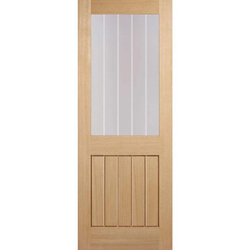 Mexicano Oak Half Light Clear Glass with Frosted Lines Prefinished FD30 Fire Door Set