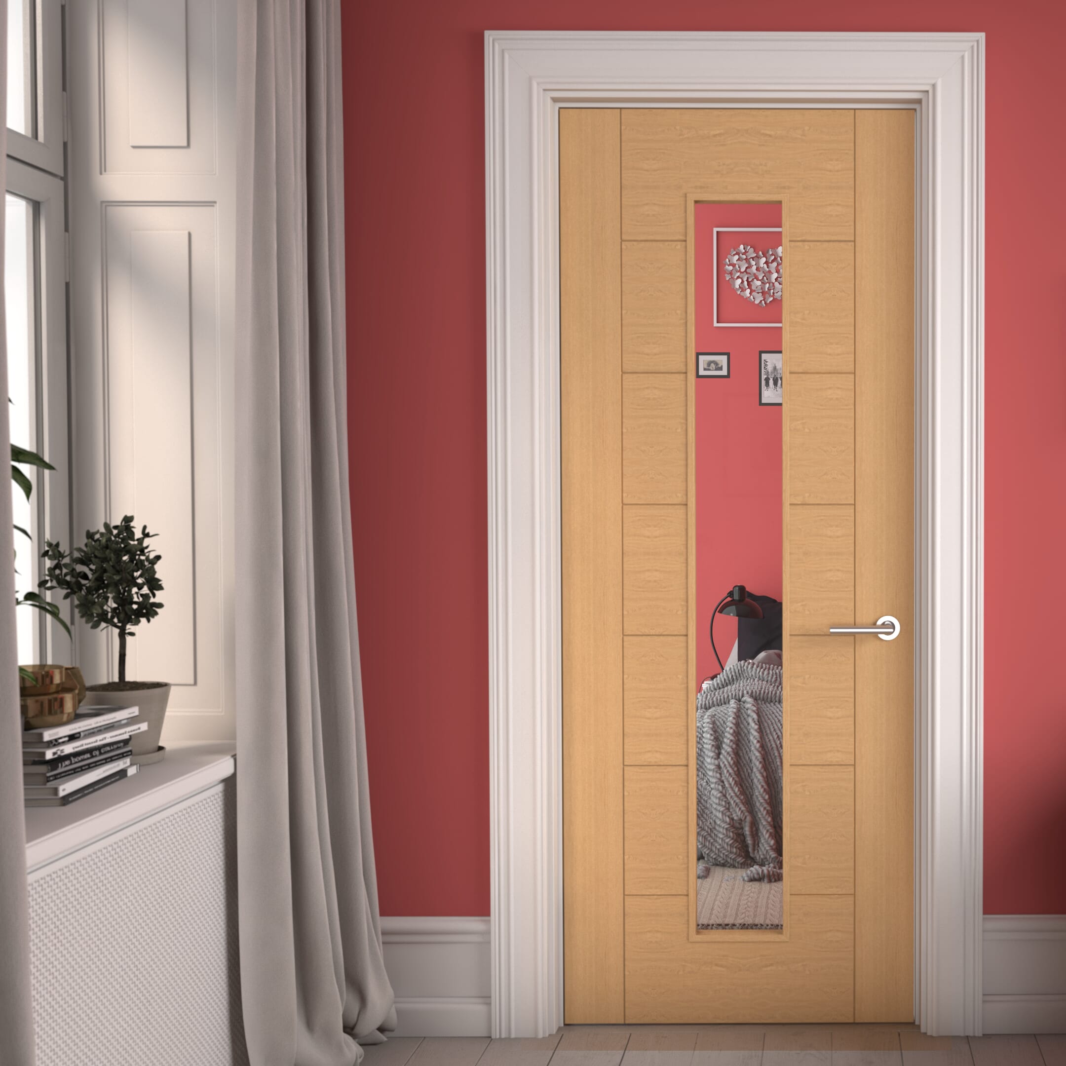 Modern 7 Panel Oak Clear Glazed - Prefinished Fire Door