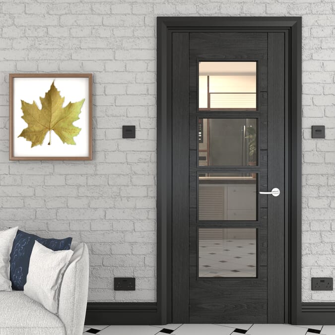 838x1981x44mm (33") ISEO Black Oak 4 Light Clear Glass - Prefinished Fire Door