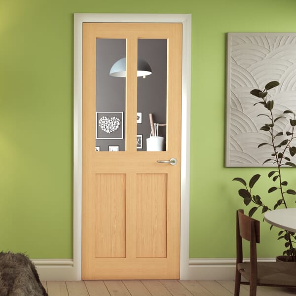 Oak Victorian 4 Panel Shaker - Clear Glass Fire Door