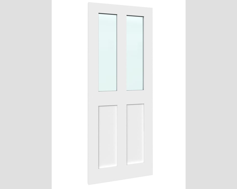 762x1981x44mm (30") White Victorian 4 Panel Shaker - Clear Glass Prefinished Fire Door