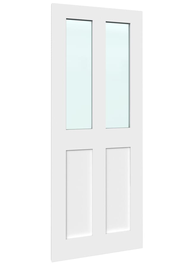 White Victorian 4 Panel Shaker – Clear Glass Prefinished Fire Door