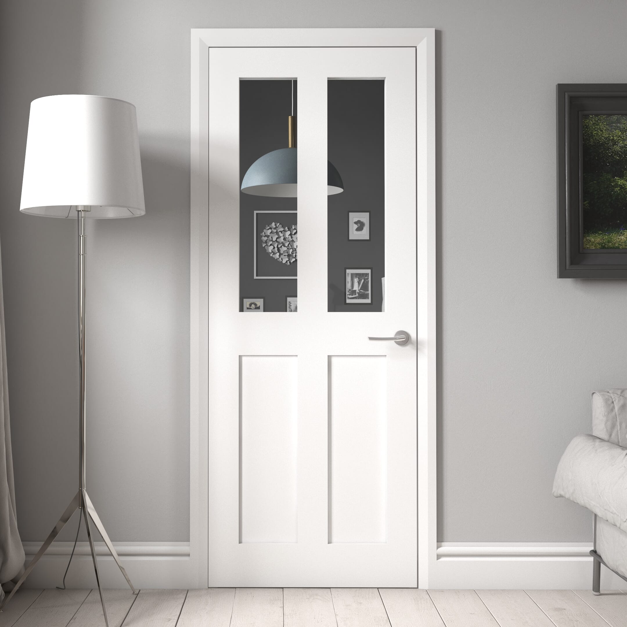 White Victorian 4 Panel Shaker - Clear Glass Prefinished Fire Door