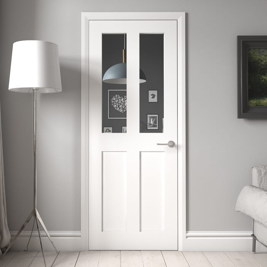 White Victorian 4 Panel Shaker – Clear Glass Prefinished Fire Door