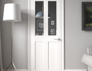 White Victorian 4 Panel Shaker - Clear Glass Prefinished Fire Door
