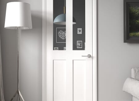 White Victorian 4 Panel Shaker - Clear Glass Prefinished Fire Door