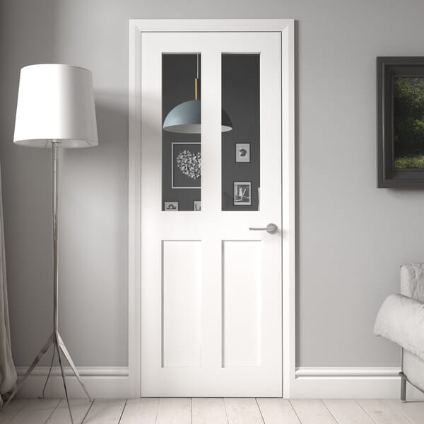 White Victorian 4 Panel Shaker - Clear Glass Prefinished Fire Door