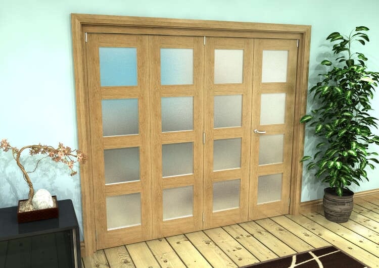Frosted Glazed Oak Prefinished 4 Door 4L Roomfold Grande 2400mm (8ft) 3 + 1 Set