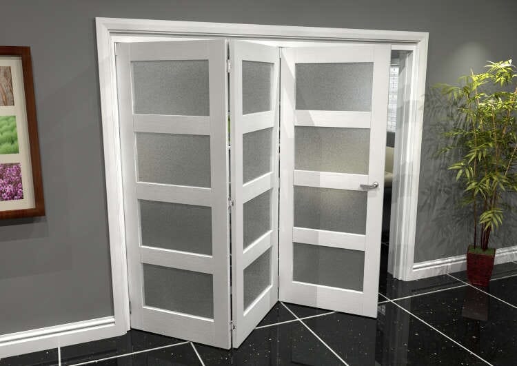 2140 X 2070 White Primed 4L Internal Folding Door System With Frosted Glass