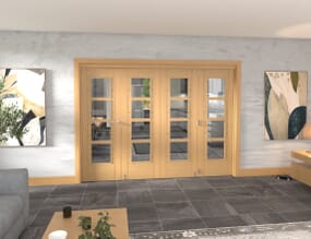 Oak Iseo Roomfold Grande - 4 Light Prefinished Internal Bifold Doors with Clear Glass