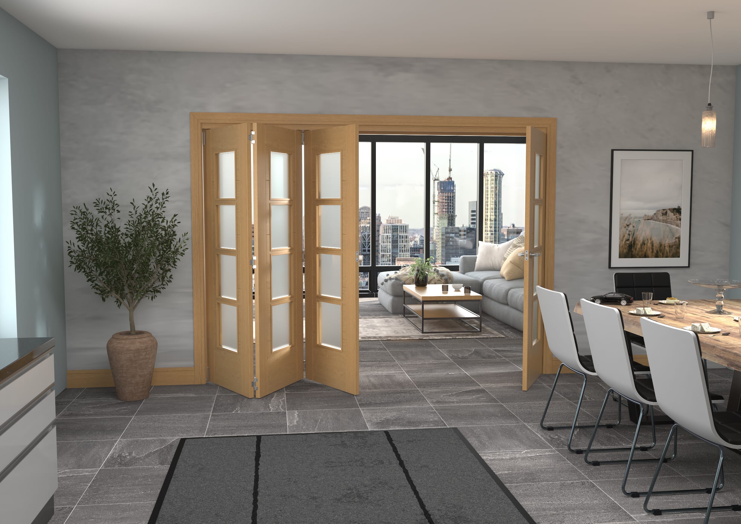 Oak Iseo Roomfold Grande - 4 Light Frosted Prefinished