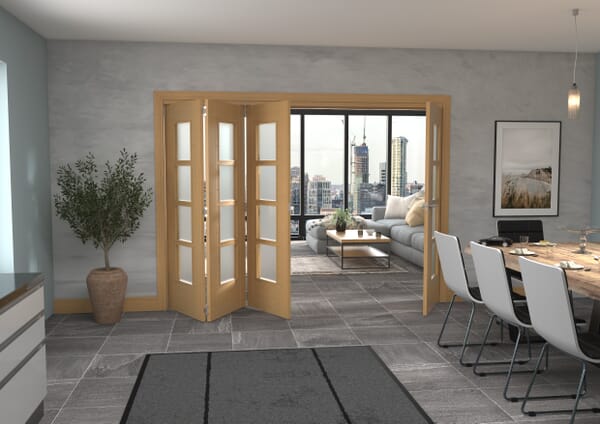 Iseo Oak 4 Light Frosted 4 Door Roomfold Grande (3 + 1 x 686mm Doors)