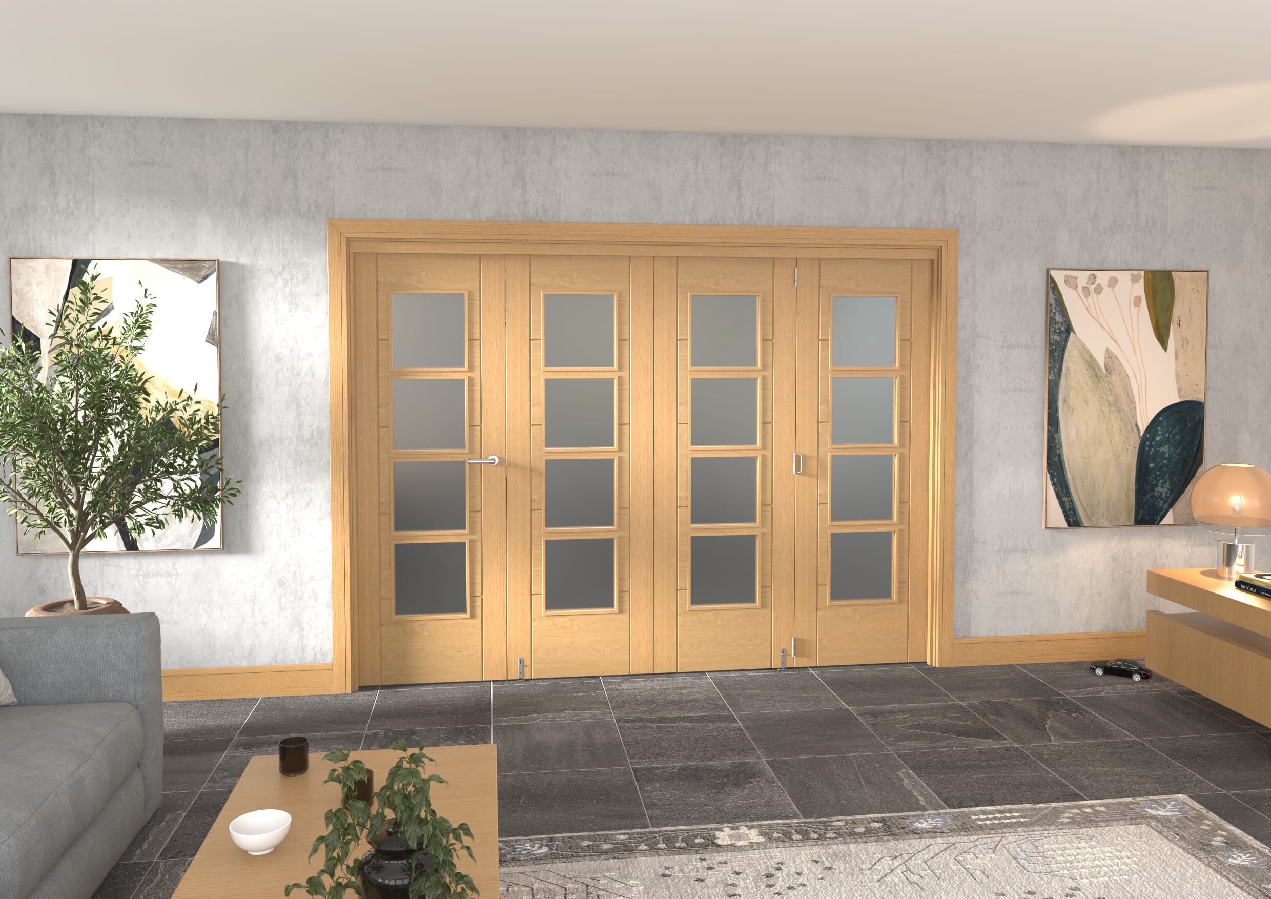 Oak Iseo Roomfold Grande - 4 Light Frosted Prefinished