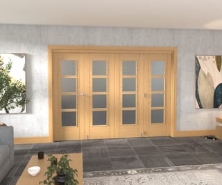 Oak Iseo Roomfold Grande - 4 Light Frosted Prefinished Internal Bifold Doors
