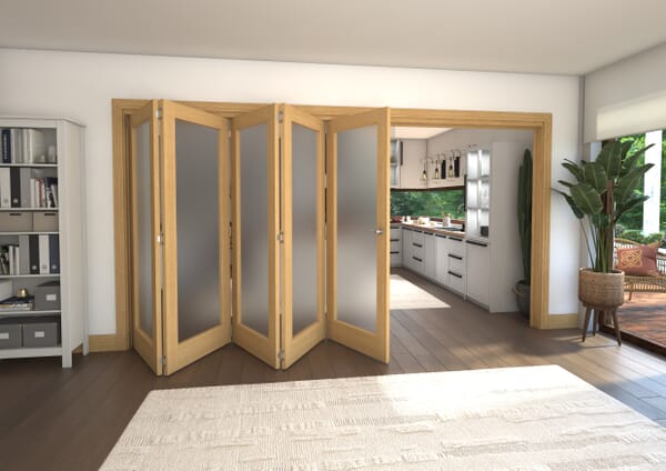 Frosted Glazed Oak Prefinished 4 Door Roomfold Grande 2400mm 2 + 2 Set