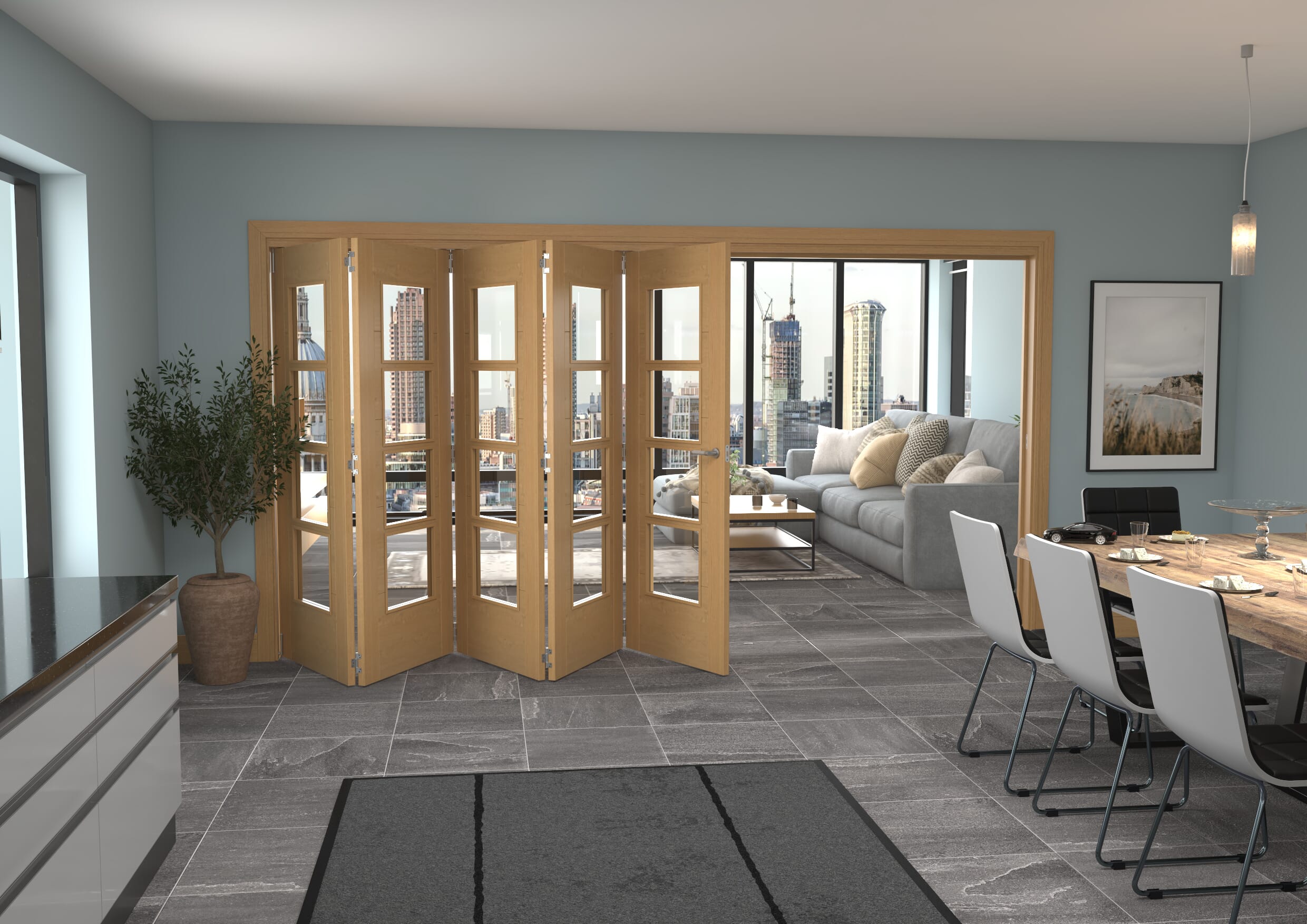 Iseo Oak 4 Light Clear 5 Door Roomfold Grande (5 + 0 x 762mm Doors)