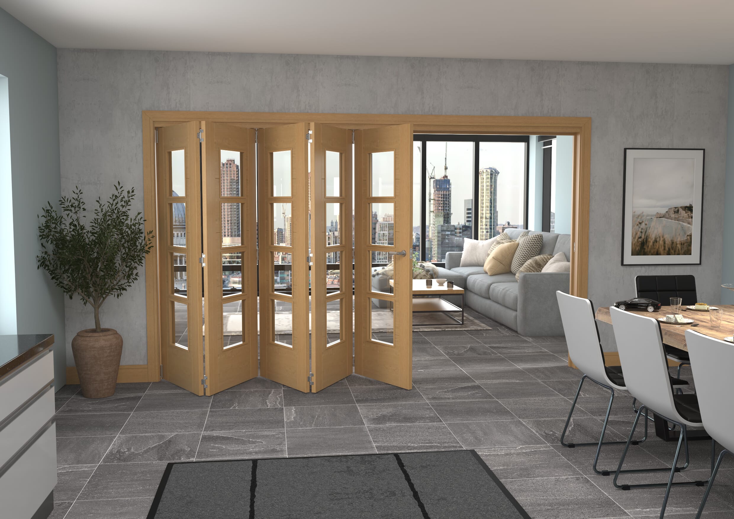Iseo Oak 4 Light Clear 5 Door Roomfold Grande (5 + 0 x 686mm Doors)