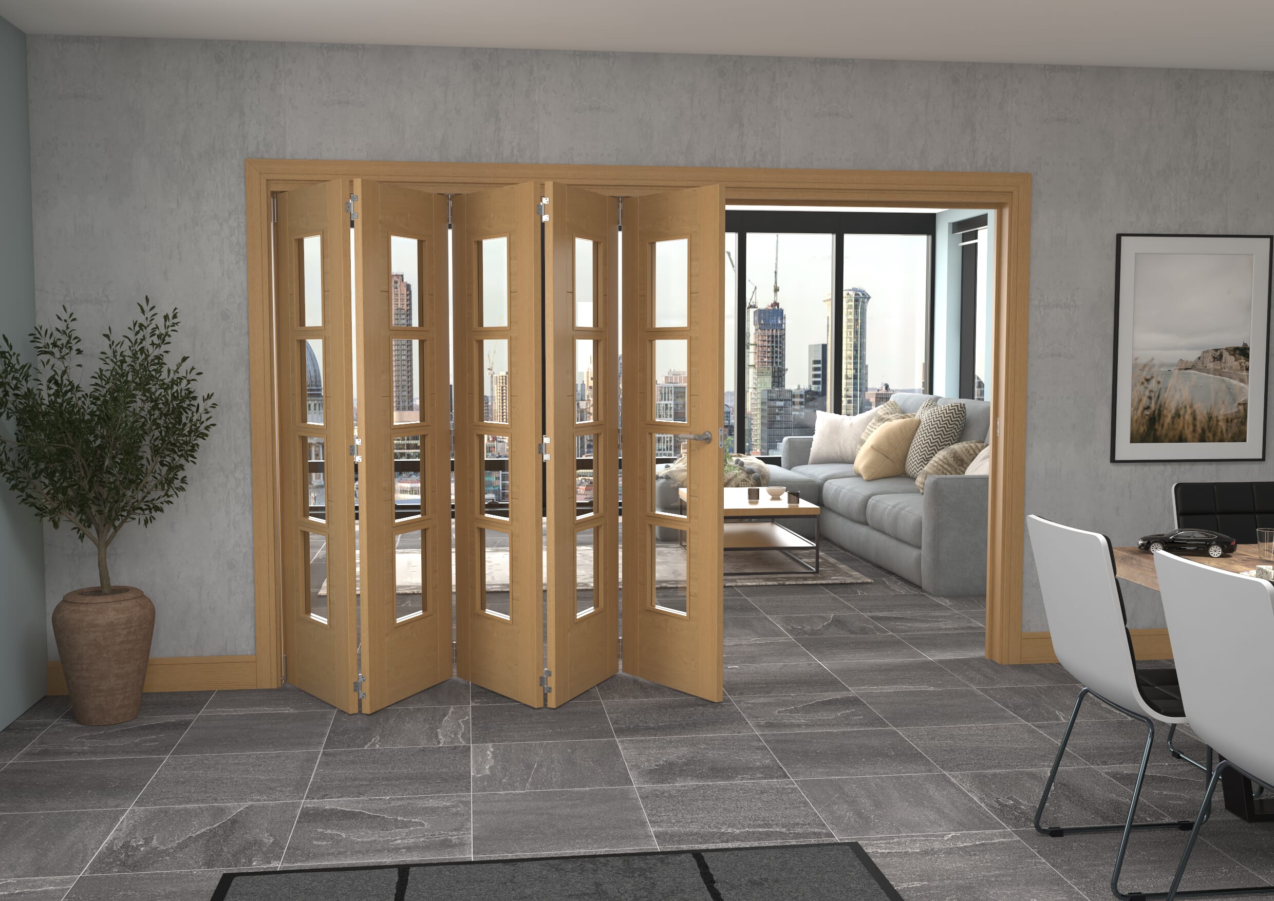 Iseo Oak 4 Light Clear 5 Door Roomfold Grande (5 + 0 x 610mm Doors)