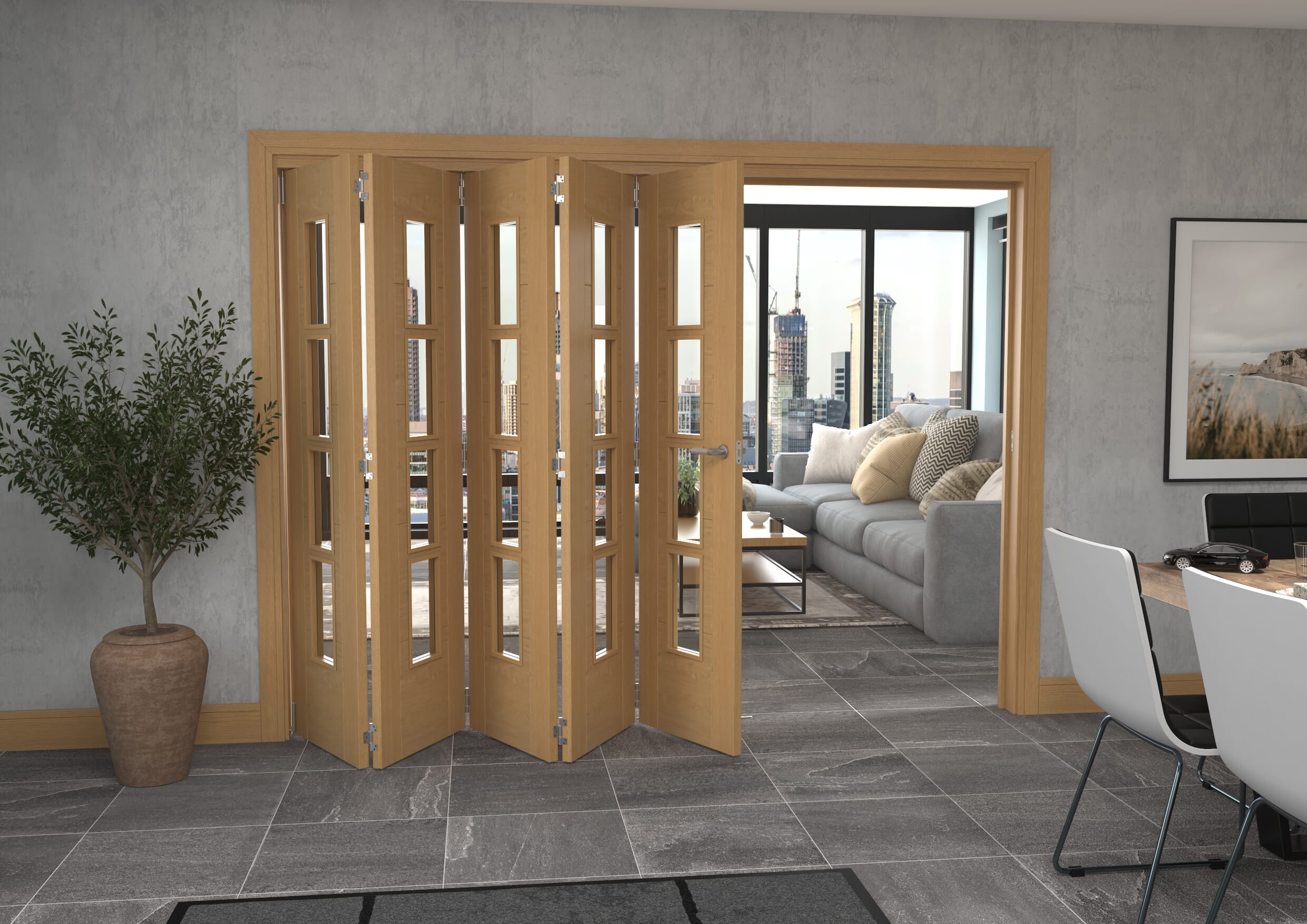 Iseo Oak 4 Light Clear 5 Door Roomfold Grande (5 + 0 x 533mm Doors)