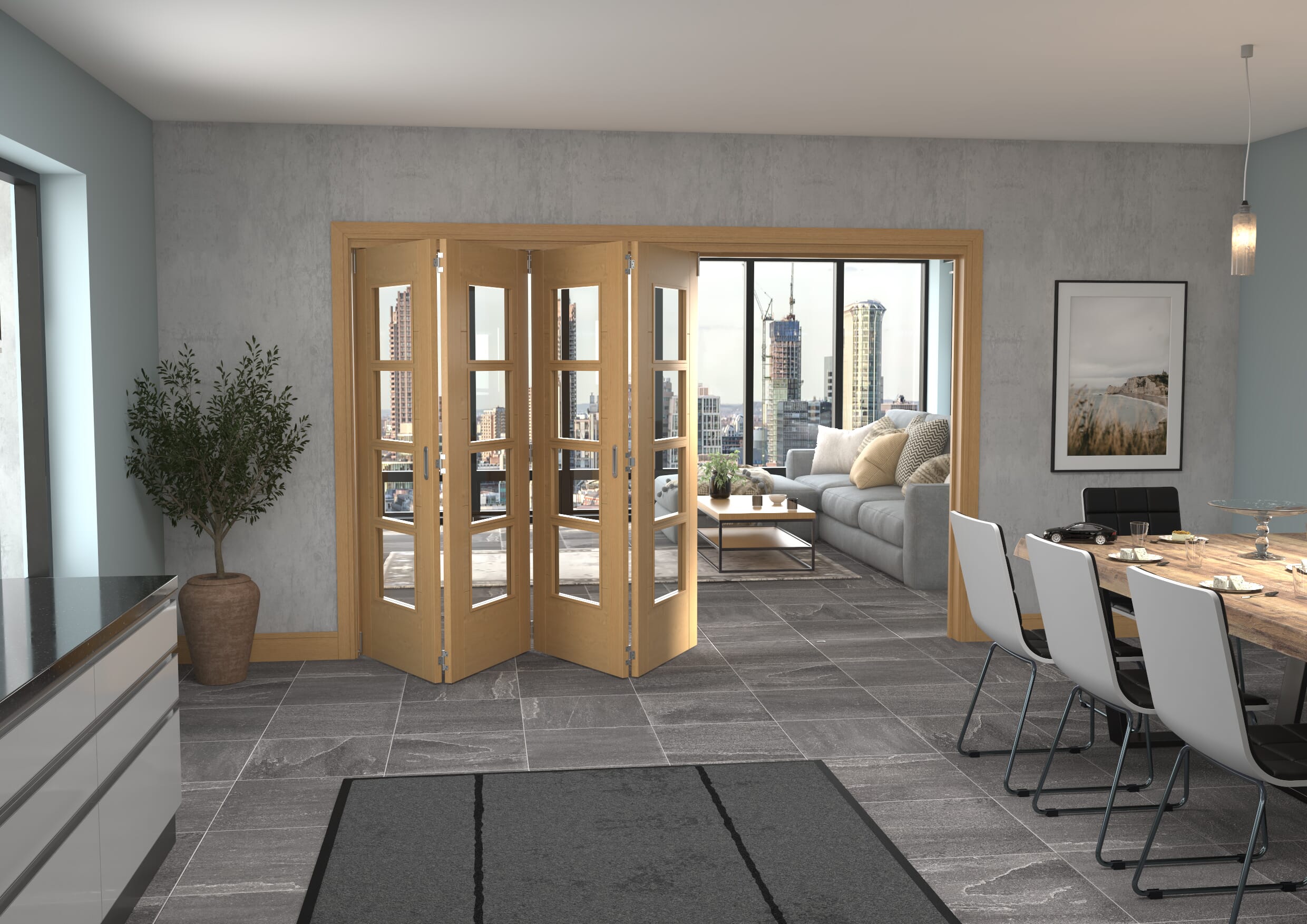 Iseo Oak 4 Light Clear 4 Door Roomfold Grande (4 + 0 x 762mm Doors)