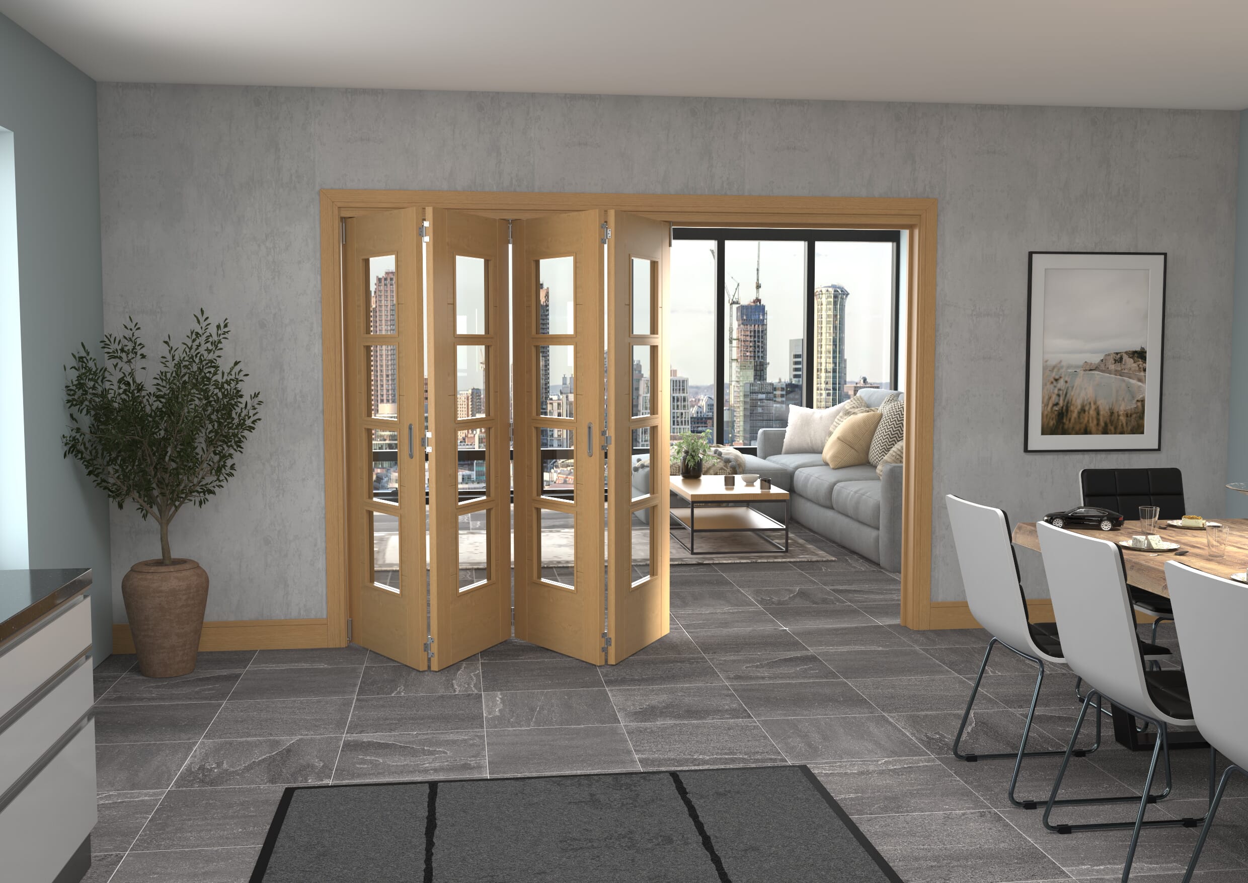 Iseo Oak 4 Light Clear 4 Door Roomfold Grande (4 + 0 x 686mm Doors)