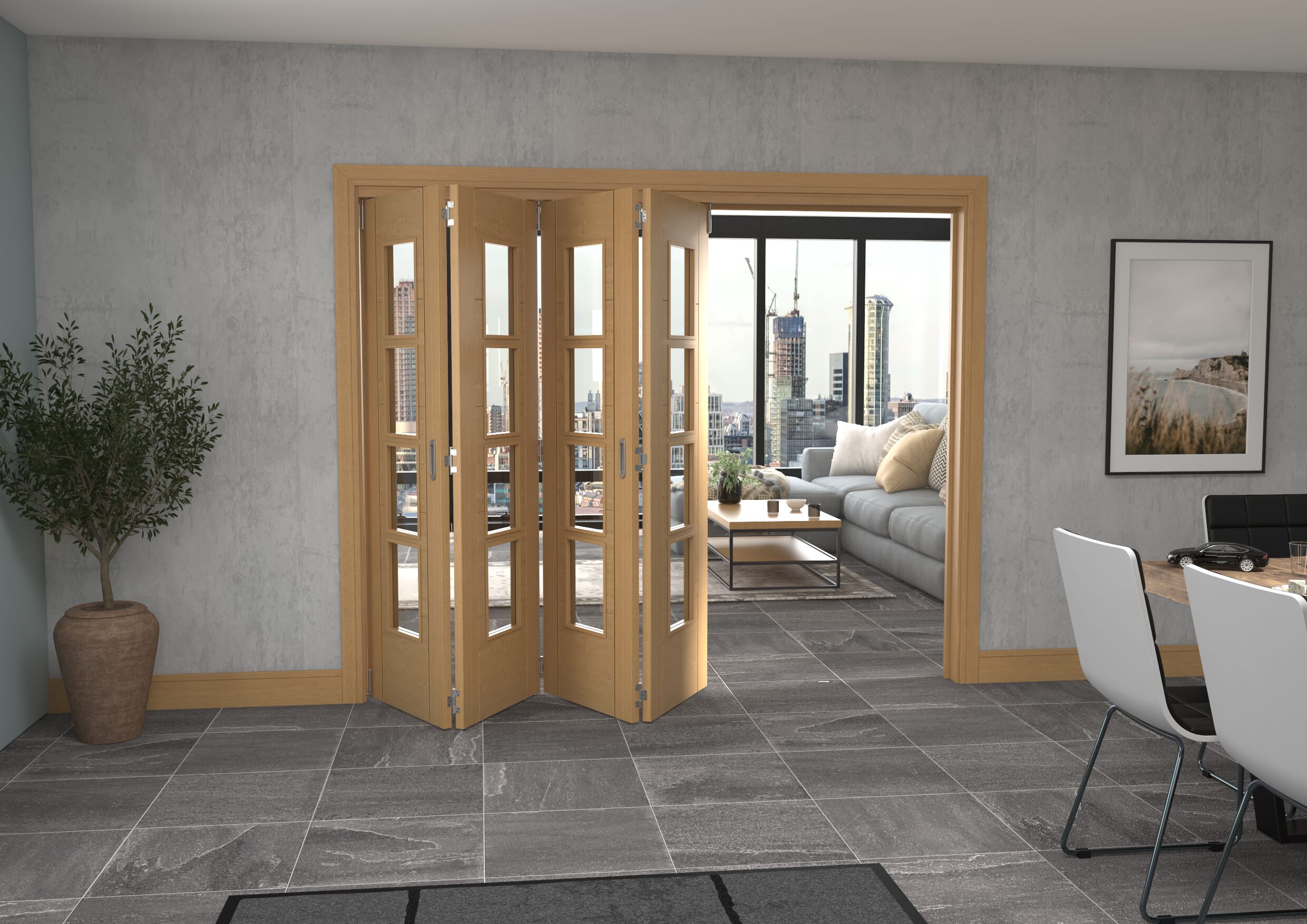 Iseo Oak 4 Light Clear 4 Door Roomfold Grande (4 + 0 x 610mm Doors)