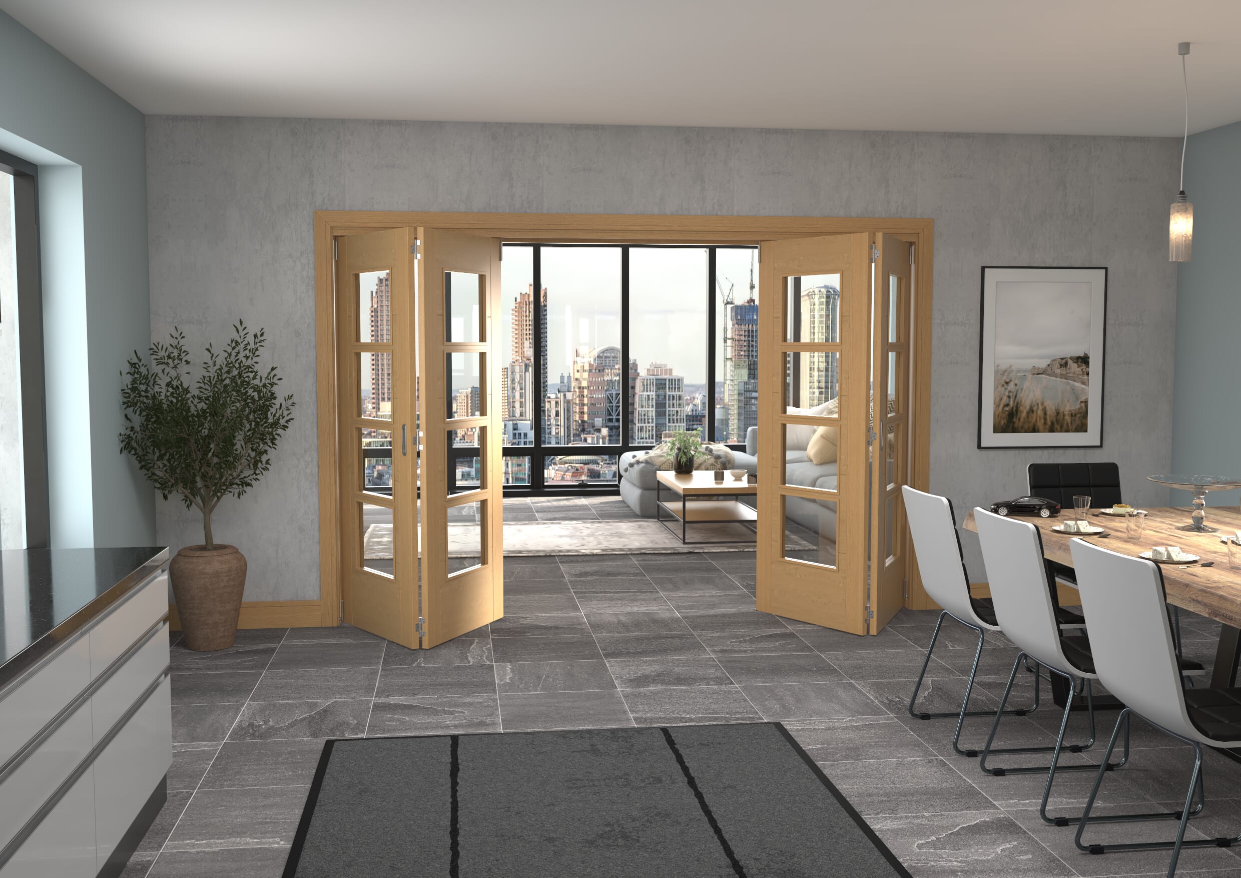 Iseo Oak 4 Light Clear 4 Door Roomfold Grande (2 + 2 x 762mm Doors)