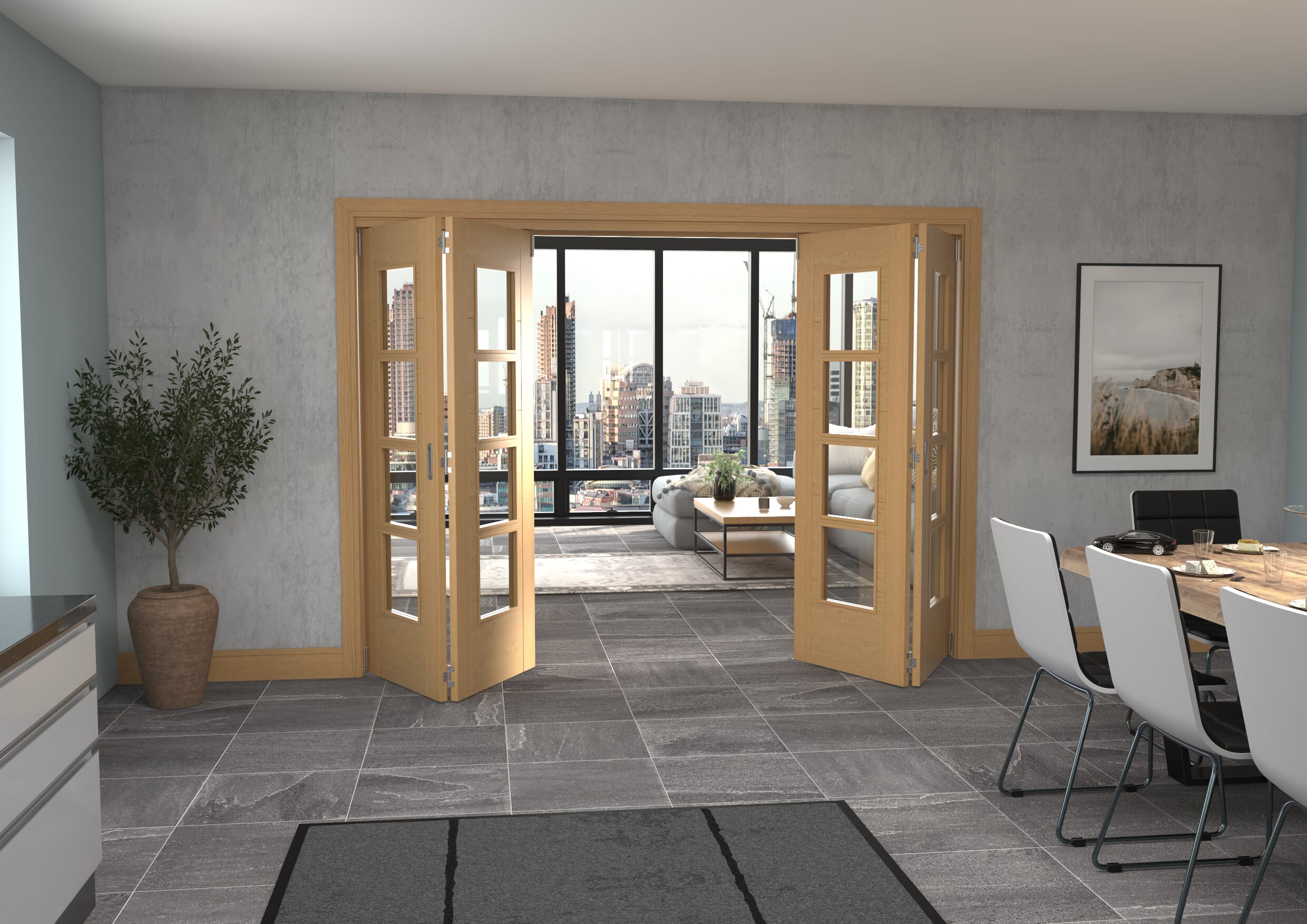 Iseo Oak 4 Light Clear 4 Door Roomfold Grande (2 + 2 x 686mm Doors)