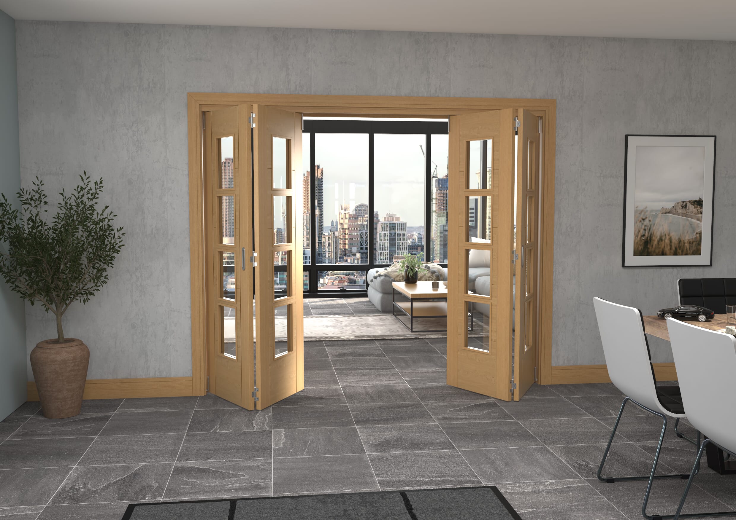 Iseo Oak 4 Light Clear 4 Door Roomfold Grande (2 + 2 x 610mm Doors)