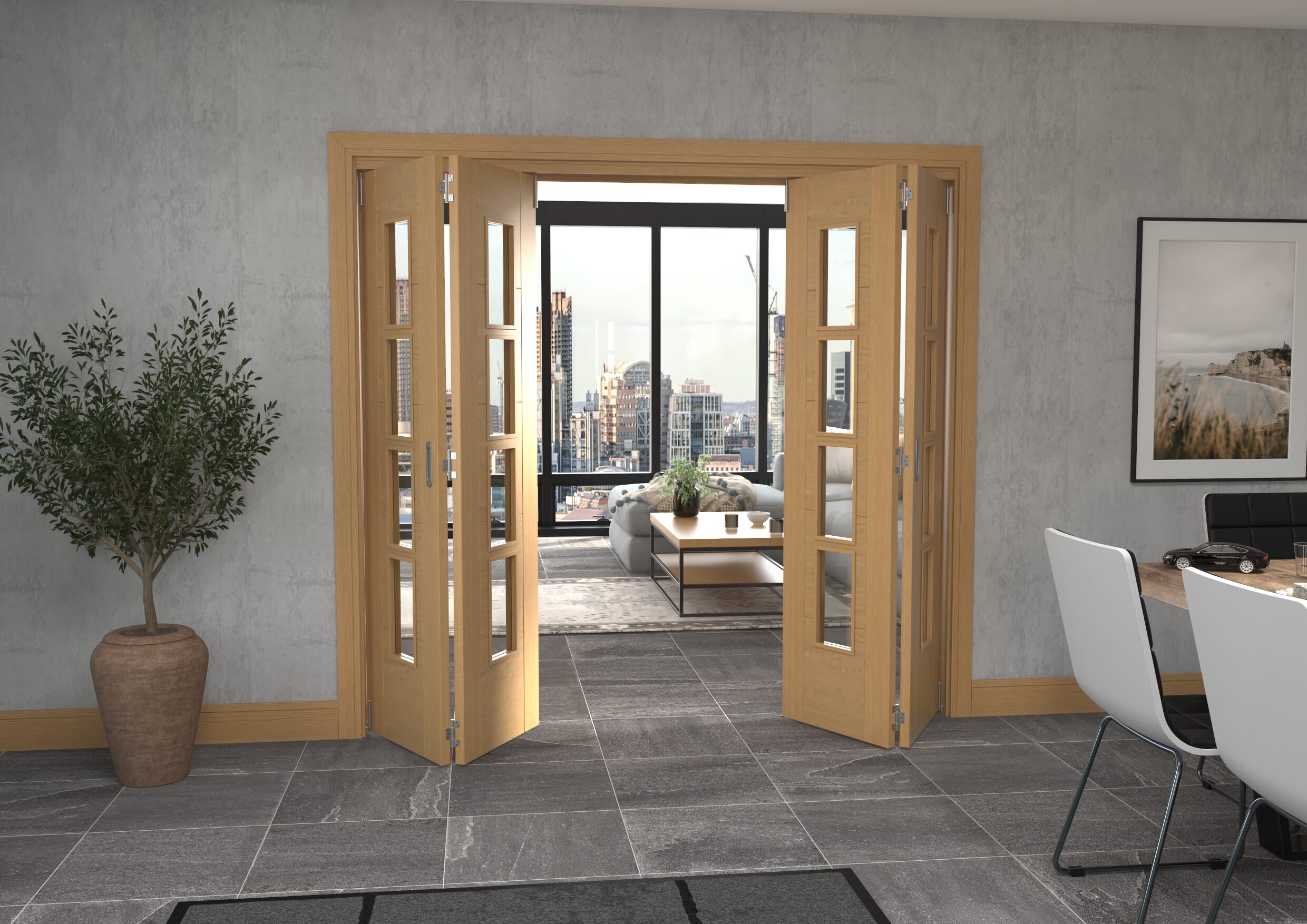 Iseo Oak 4 Light Clear 4 Door Roomfold Grande (2 + 2 x 533mm Doors)