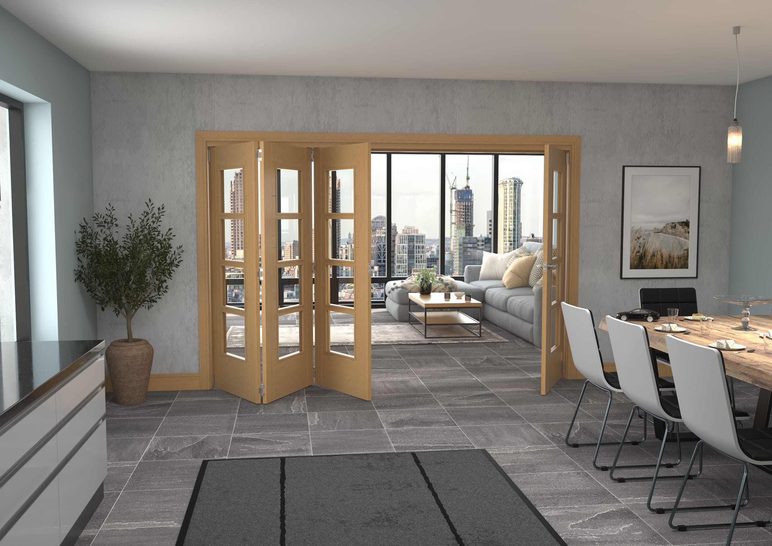 Iseo Oak 4 Light Clear 4 Door Roomfold Grande (3 + 1 x 762mm Doors)