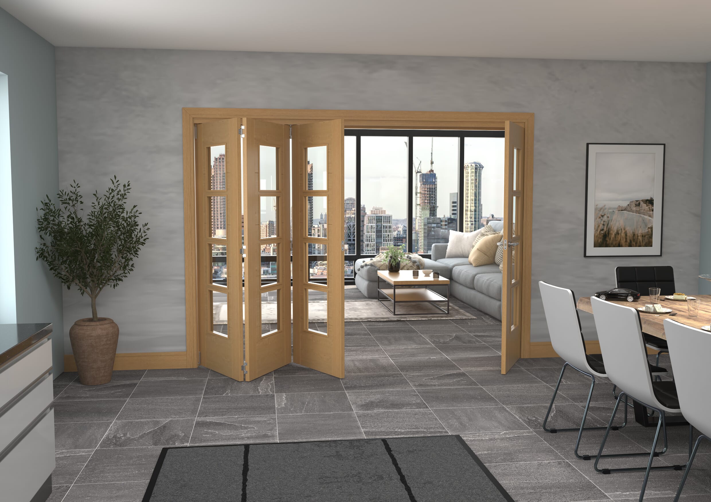 Iseo Oak 4 Light Clear 4 Door Roomfold Grande (3 + 1 x 686mm Doors)
